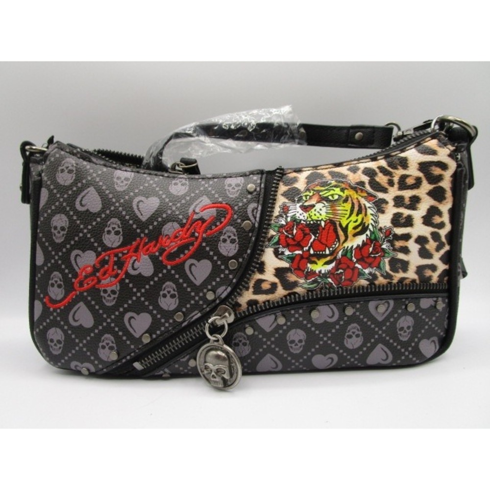 Ed Hardy Leopard Print Skull Tiger Zip Front Shoulder Or Crossbody Bag